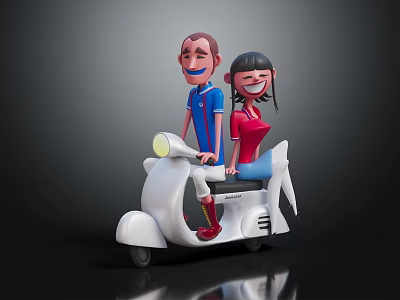 Two Cartoon Characters Riding White Scooter Male In Blue Striped Shirt Female In Red Top 3d model