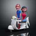 Two Cartoon Characters Riding White Scooter Male In Blue Striped Shirt Female In Red Top