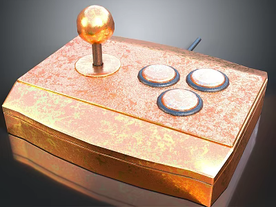 Vintage Copper Game Controller With Golden Ball Joystick And Three Circular Buttons 3d model