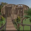 Dome Shaped Wooden House With Wooden Stairs Stone Path And Lush Greenery
