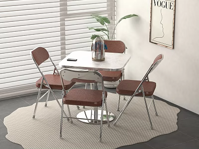 Modern Table And Chairs Set With White Tabletop Brown Seats Metal Frames On Beige Rug 3d model