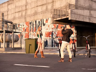 Two People Taking Photos On Urban Street With Graffiti Wall And Bicycles 3d model