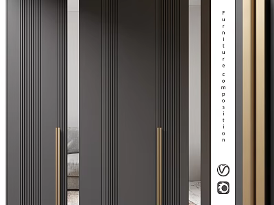 Modern Furniture Composition With Dark Vertical Stripes And Golden Handles In Interior Design 3d model