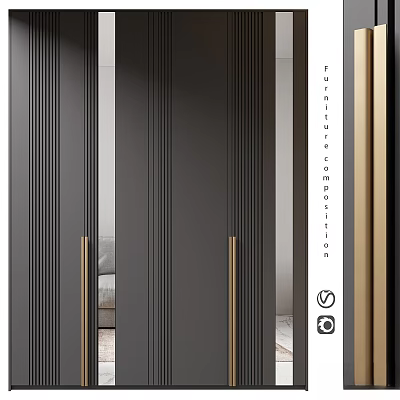 Modern Furniture Composition With Dark Vertical Stripes And Golden Handles In Interior Design 3d model