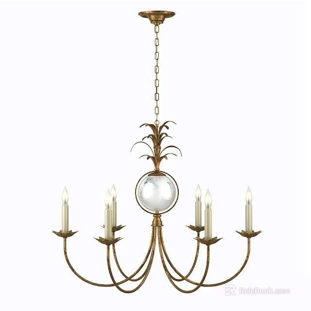 Elegant Classic Gold Metal Chandelier With Glass Globe Candle Shaped Arms And Decorative Leaf Top 3d model 