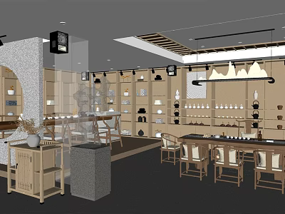 Specialty Store Interior Featuring Wooden Display Shelves Tableware Decor And Pendant Lighting 3d model