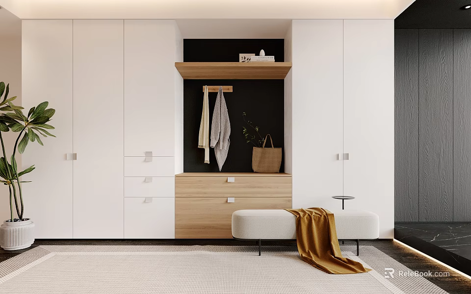 Modern Wardrobe Interior Design With White Cabinetry Wooden Drawers Bench Blanket And Plant 3d model 