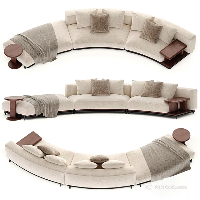 Modern Beige Curved Sectional Sofa With Throw Pillows Blanket And Side Tables 3d model 