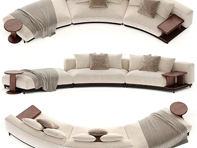 Modern Beige Curved Sectional Sofa With Throw Pillows Blanket And Side Tables 3d model
