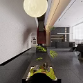 Modern Lounge Area Interior Design With Red Accent Wall Blue Lighting And Black Sculpture