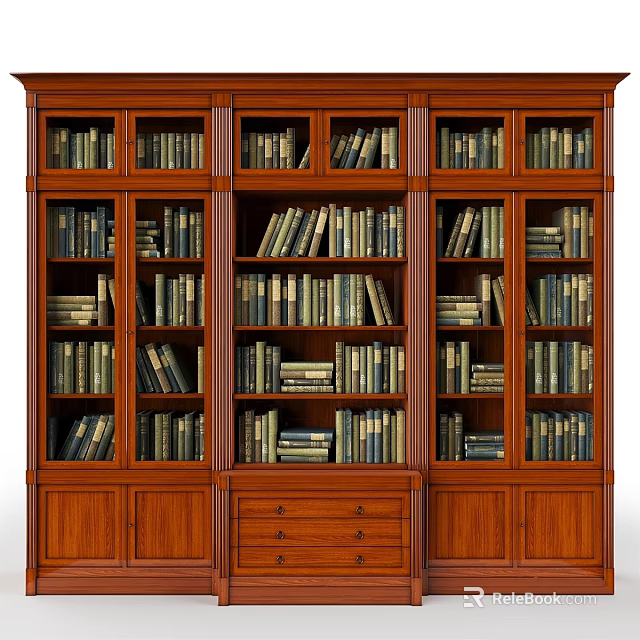 Classic Wooden Bookshelf Filled With Various Books Multiple Shelves And Drawers 3d model 