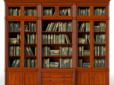 Classic Wooden Bookshelf Filled With Various Books Multiple Shelves And Drawers 3d model