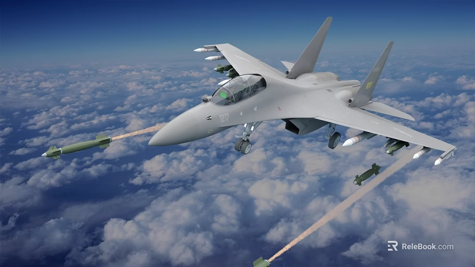 Fighter Jet Flying Over Clouds With Mounted Missiles In Blue Sky 3d model 