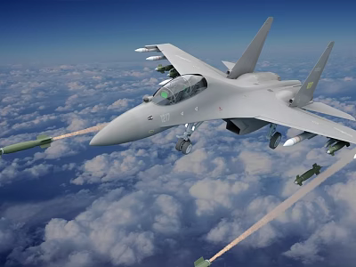 Fighter Jet Flying Over Clouds With Mounted Missiles In Blue Sky 3d model