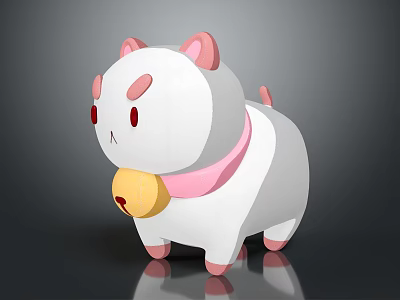 Cute White Cat Cartoon Character With Pink Ears Collar Paws And Yellow Bell 3d model