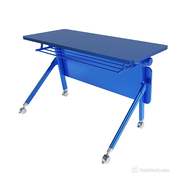 Blue Foldable Table With Metal Frame And Rolling Wheels For Easy Movement 3d model 