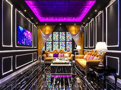 Modern KTV Lounge Interior With Purple Ceiling Lights Comfortable Sofa Decorative Walls And TV Screen 3d model