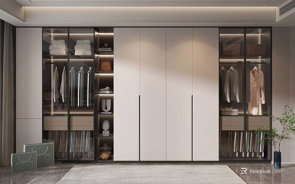Modern Wardrobe Interior Design With Glass Doors Hanging Clothes And Lighting 3d model 