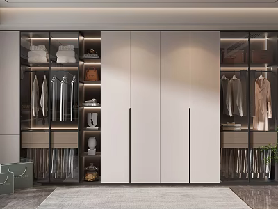 Modern Wardrobe Interior Design With Glass Doors Hanging Clothes And Lighting 3d model