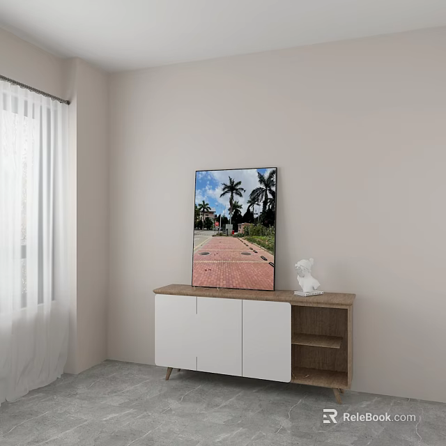 Console Cabinet With White Wooden Painting Palm Trees Red Brick Path And White Decorative Figurine 3d model 