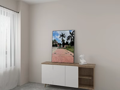 Console Cabinet With White Wooden Painting Palm Trees Red Brick Path And White Decorative Figurine 3d model