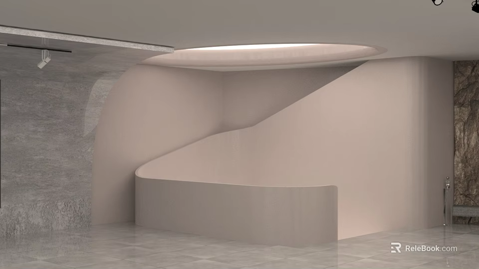 Modern Interior Design With Curved Walls Steps Sleek Floor And Circular Lighting 3d model 