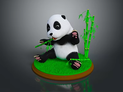 3D Panda Character Sitting On Green Grass Eating Bamboo With Bamboo Stalk And Round Base 3d model