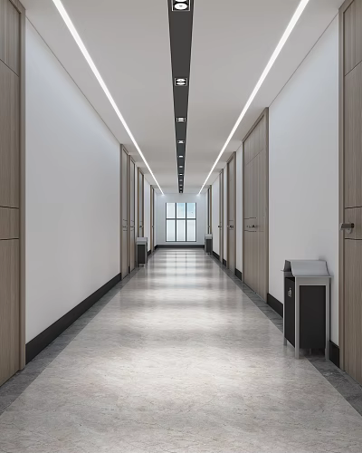Modern Office Corridor With Wooden Doors Ceiling Lights And Polished Floor 3d model