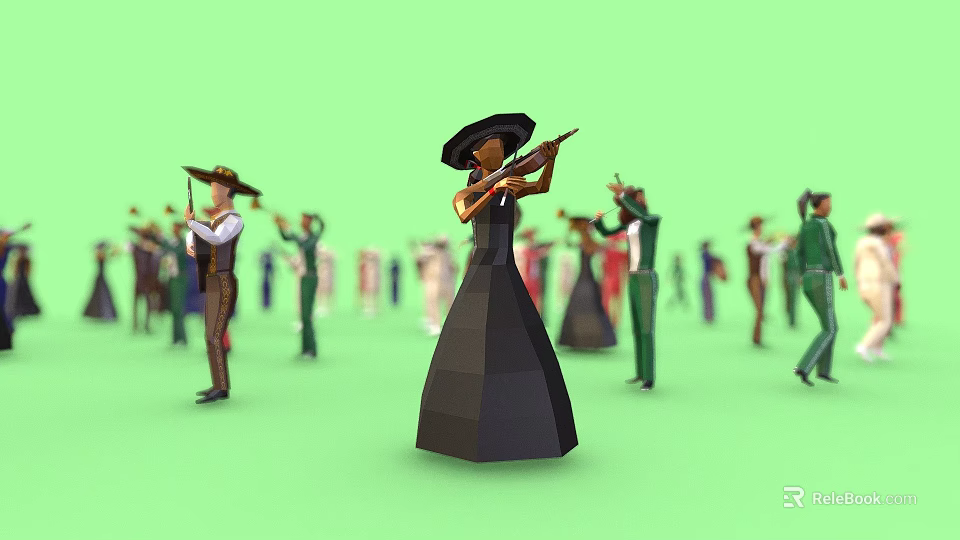 Group of people in different costumes performing with hats on green background 3d model 