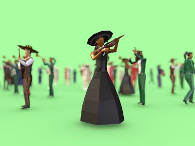 Group of people in different costumes performing with hats on green background 3d model