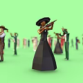Group of people in different costumes performing with hats on green background
