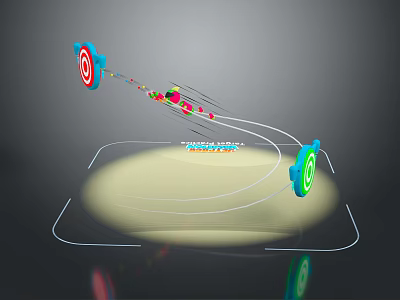 Colorful Dart Weapon Featuring Flight Trajectory Red Target Green Icon And Glowing Platform 3d model