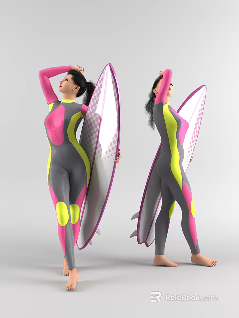 Two Women In Colorful Wetsuits Holding Patterned Pink And Yellow Surfboards 3d model 