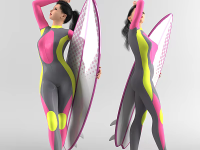 Two Women In Colorful Wetsuits Holding Patterned Pink And Yellow Surfboards 3d model