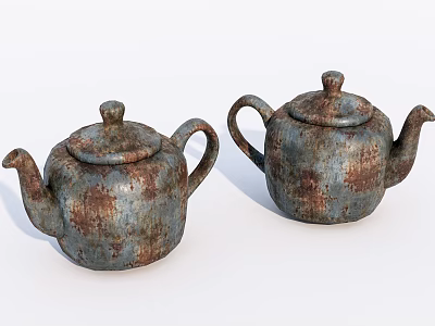 Two Vintage Rustic Teapots With Distressed Texture And Antique Appearance 3d model