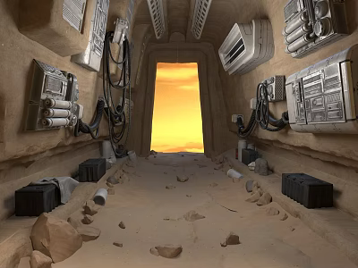 Desert Cave Interior Featuring Sand Rocks Equipment Cables And Orange Light Exit 3d model