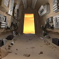Desert Cave Interior Featuring Sand Rocks Equipment Cables And Orange Light Exit