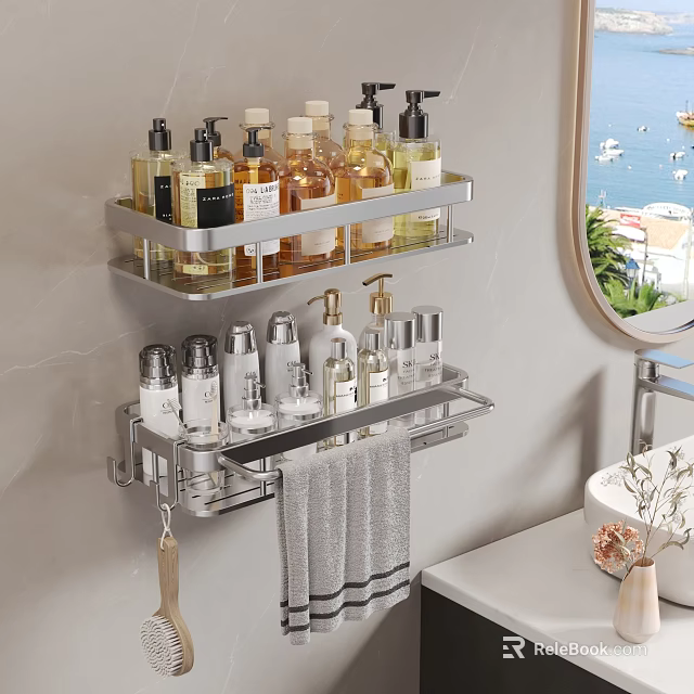 Wall Mounted Bathroom Shelf with Organized Toiletries and Hanging Towel 3d model 