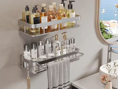 Wall Mounted Bathroom Shelf with Organized Toiletries and Hanging Towel 3d model