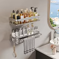 Wall Mounted Bathroom Shelf with Organized Toiletries and Hanging Towel