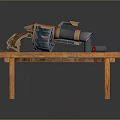 Heavy Weapon With Red Circular Details Metallic Body And Brown Grip On Simple Wooden Table