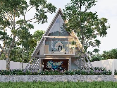 Modern A frame House With Glass Windows Surrounding Trees And Lush Greenery 3d model