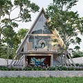 Modern A frame House With Glass Windows Surrounding Trees And Lush Greenery 3d model