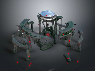 Ancient Mythical Gate With Arched Stone Structures Red Glowing Lights And Circular Top Pillars 3d model