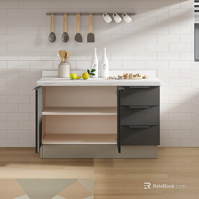 Modern Open Kitchen Design With Stylish Utensils Marble Counter And Cabinets 3d model 