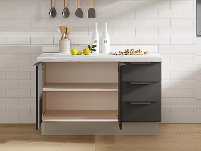 Modern Open Kitchen Design With Stylish Utensils Marble Counter And Cabinets 3d model