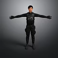 Game Movie Character In Black Tactical Outfit With Arms Outstretched On Gray Background