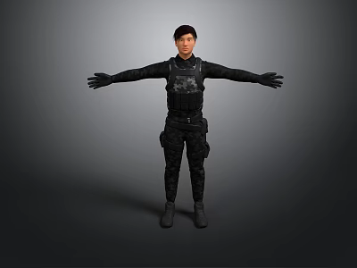 Game Movie Character In Black Tactical Outfit With Arms Outstretched On Gray Background 3d model
