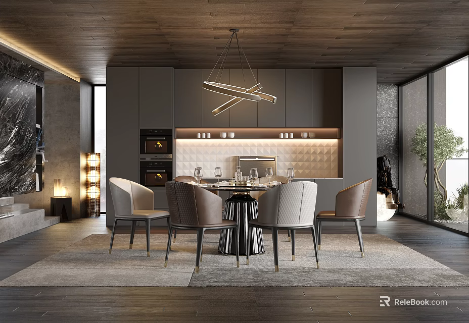 Modern Restaurant Interior With Wooden Ceiling Modern Chandelier Grey Cabinets And Dining Table With Chairs 3d model 