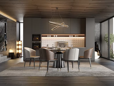 Modern Restaurant Interior With Wooden Ceiling Modern Chandelier Grey Cabinets And Dining Table With Chairs 3d model
